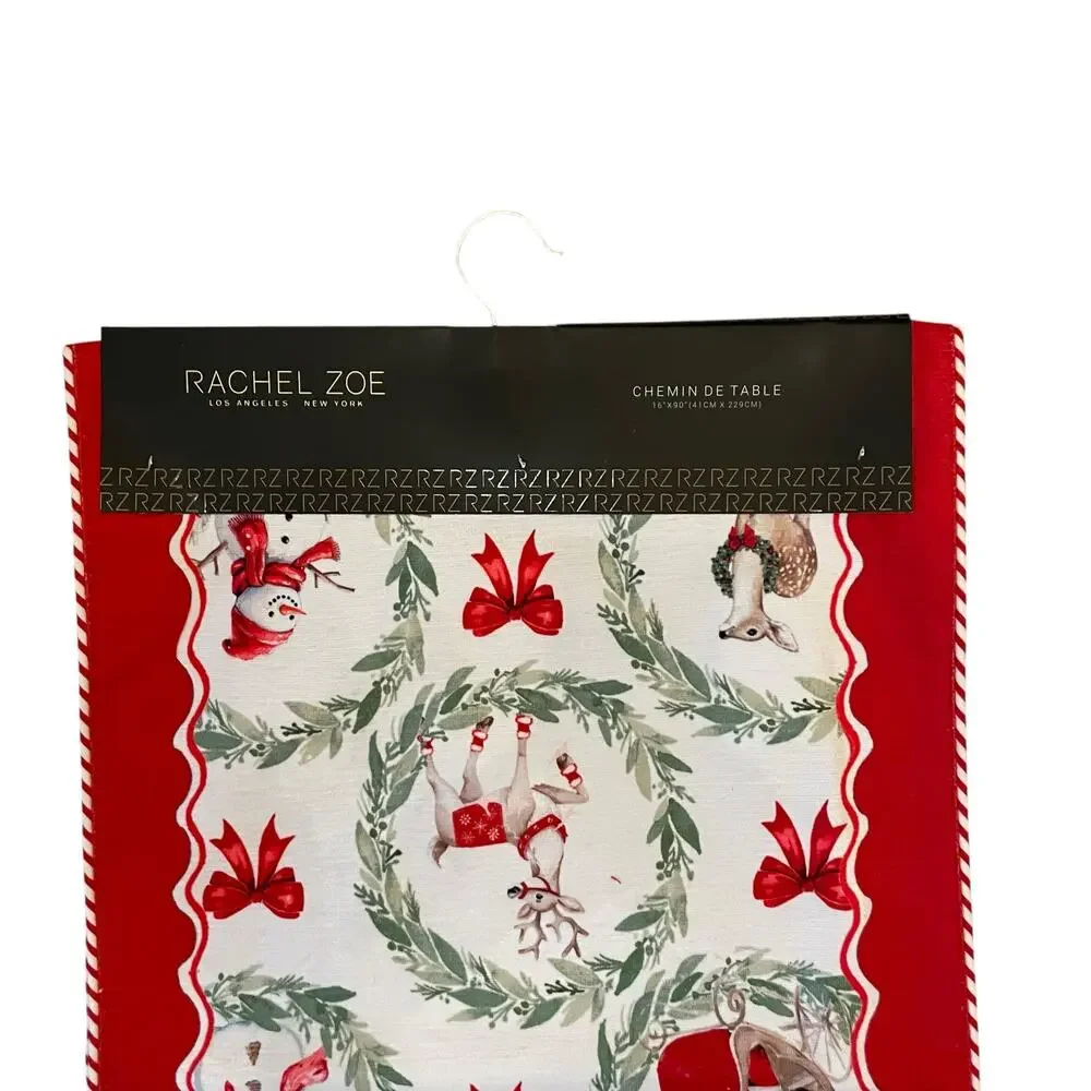 RACHEL ZOE Christmas Table Runner 16x90 Santa Bow Wreath Holiday Red White New
